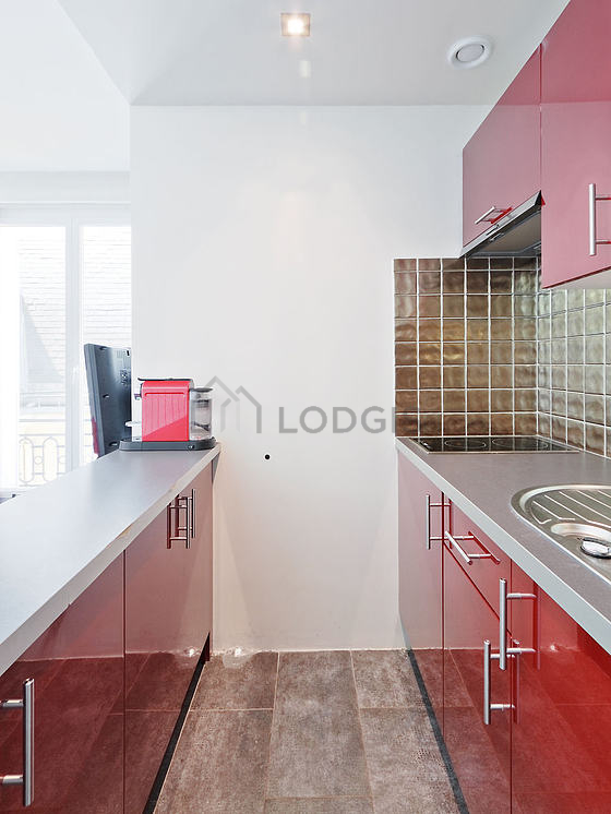Kitchen equipped with hob, refrigerator, freezer, extractor hood