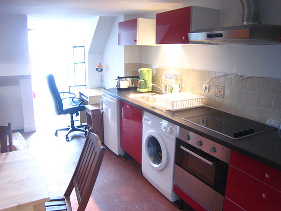 Cuisine équipée de plaques de cuisson, réfrigerateur, freezer, hotte