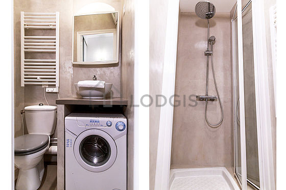 Pleasant and bright bathroom with tile floor