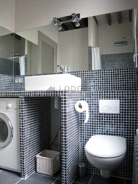 Bathroom equipped with washing machine, dryer, bath towels