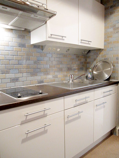Kitchen equipped with hob, refrigerator, freezer, extractor hood
