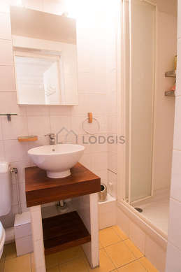 Bright bathroom with double-glazed windows and with woodenfloor