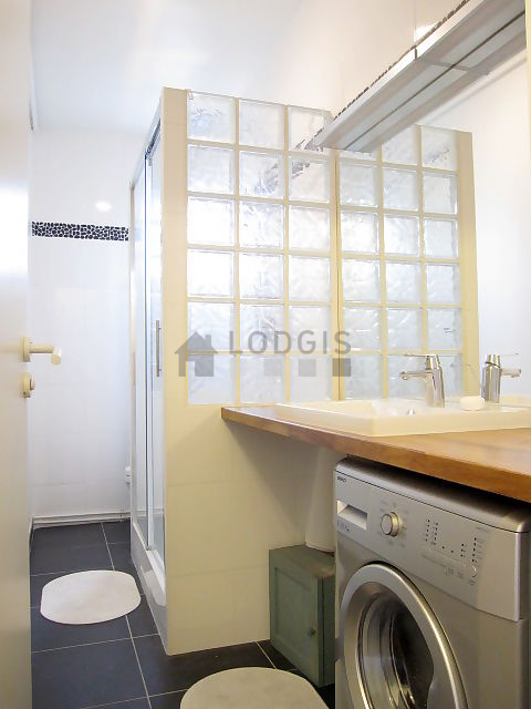 Bathroom equipped with washing machine, bath towels