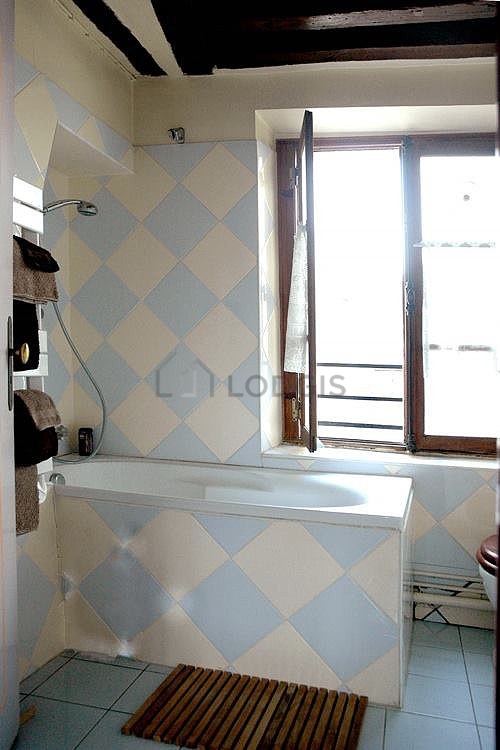Bright bathroom with windows and with tile floor