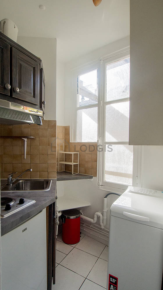 Kitchen equipped with hob, refrigerator, freezer, extractor hood