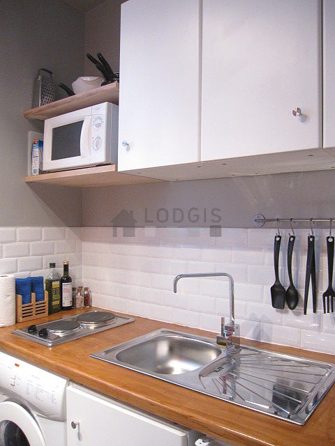 Kitchen equipped with washing machine, refrigerator, extractor hood, crockery