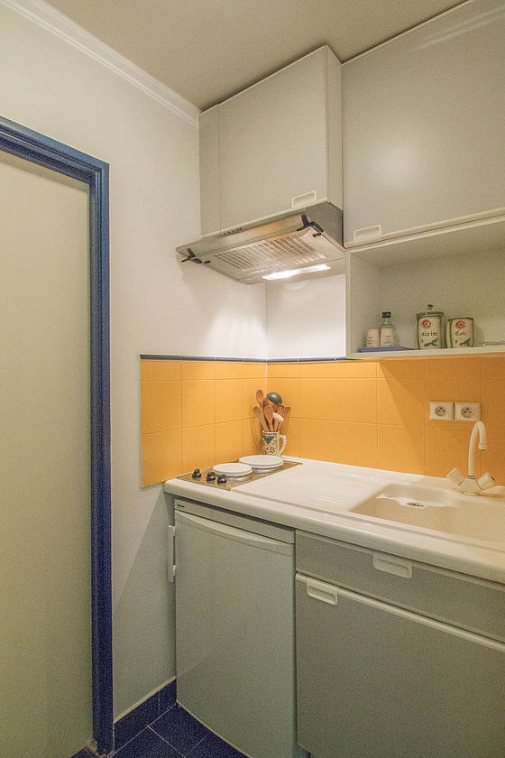 Kitchen equipped with washing machine, refrigerator, freezer, extractor hood