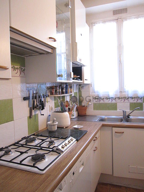 Kitchen equipped with washing machine, refrigerator, freezer, extractor hood