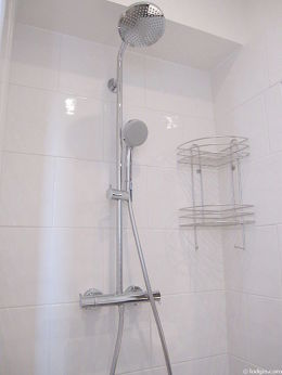 Salle de bain équipée de douche séparée, sanibroyeur