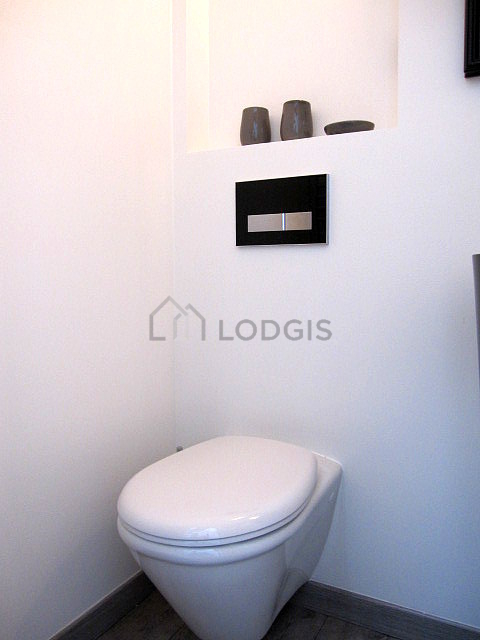 Pleasant bathroom with wooden floor