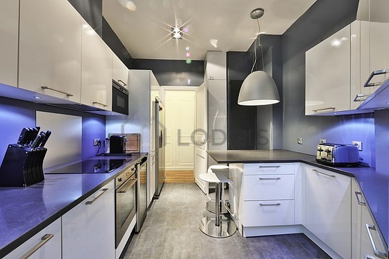 Kitchen equipped with washing machine, refrigerator, extractor hood, crockery