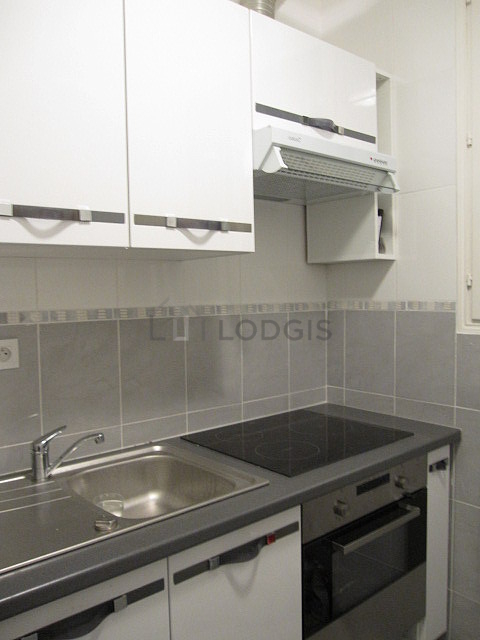 Kitchen equipped with washing machine, refrigerator, extractor hood, crockery