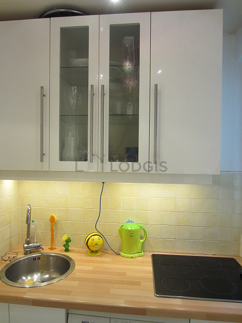 Kitchen equipped with washing machine, dryer, refrigerator, crockery
