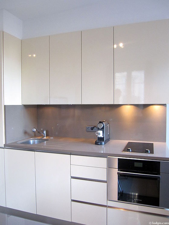 Kitchen equipped with washing machine, dryer, refrigerator, extractor hood