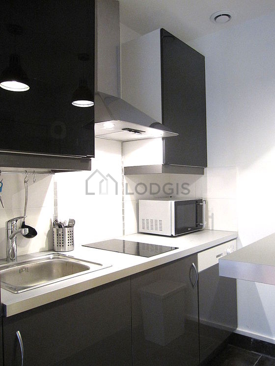 Cuisine équipée de lave vaisselle, plaques de cuisson, réfrigerateur, hotte