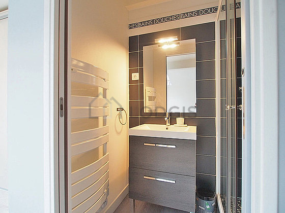 Beautiful bathroom with wooden floor