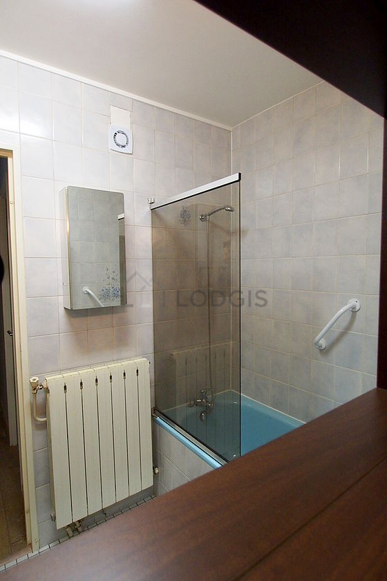Beautiful bathroom with wooden floor