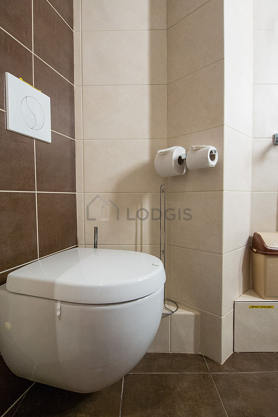 Beautiful and bright bathroom with windows and with tile floor