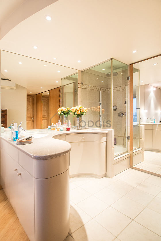 Pleasant and bright bathroom with tile floor