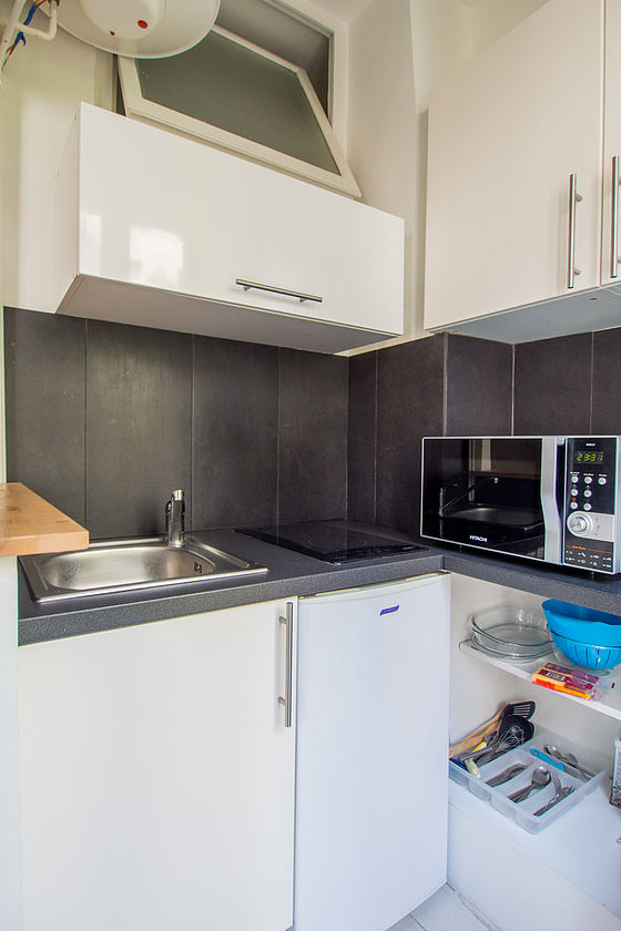 Cuisine équipée de plaques de cuisson, réfrigerateur, freezer, vaisselle