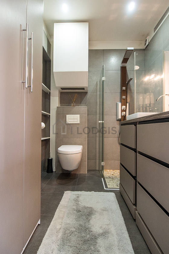 Beautiful and bright bathroom with tile floor