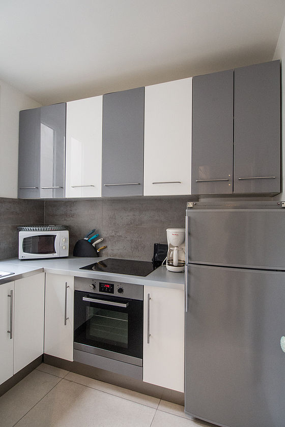 Cuisine équipée de lave vaisselle, plaques de cuisson, réfrigerateur, vaisselle