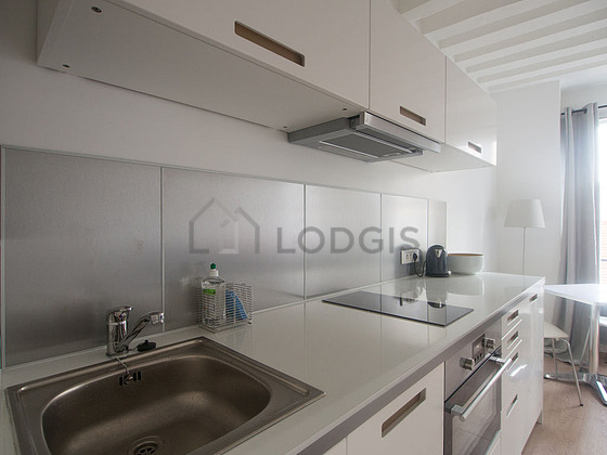 Kitchen equipped with dishwasher, hob, freezer, extractor hood