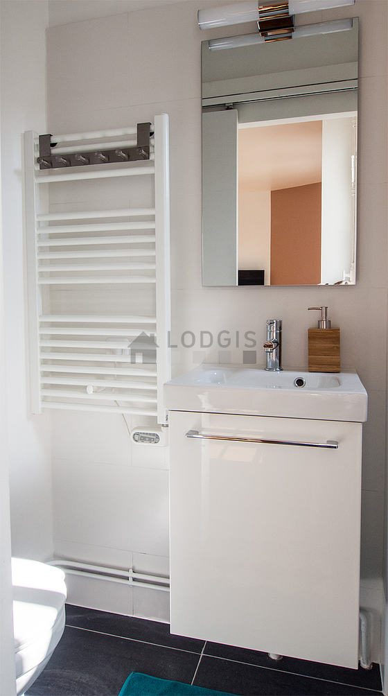 Salle de bain équipée de douche séparée, sèche cheveux