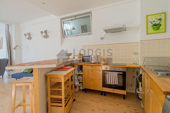 Beautiful kitchen of 10m²opens on the living room with wooden floor