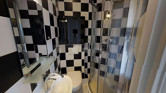 Pleasant and very bright bathroom with tile floor