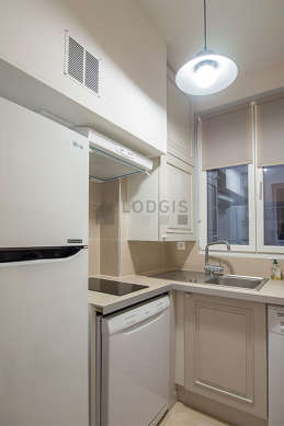 Kitchen equipped with washing machine, refrigerator, extractor hood, crockery