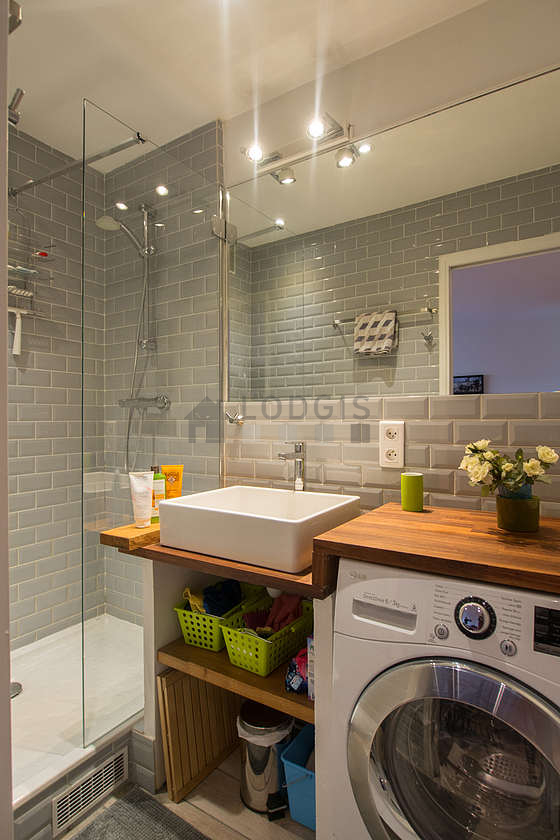 Pleasant and bright bathroom with tile floor