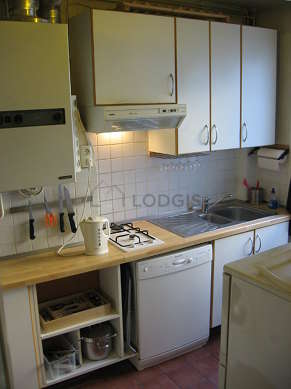Kitchen equipped with dryer, refrigerator, extractor hood, crockery