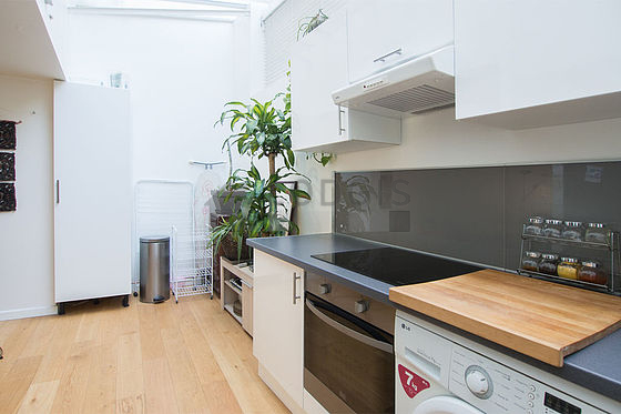 Kitchen equipped with washing machine, refrigerator, extractor hood, crockery