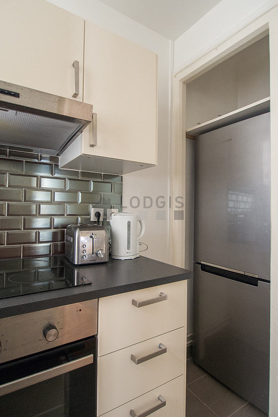 Kitchen equipped with hob, refrigerator, extractor hood, crockery
