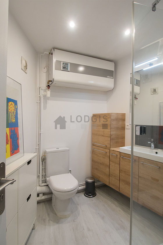 Pleasant and bright bathroom with wooden floor