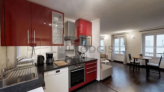 Kitchen equipped with washing machine, refrigerator, freezer, extractor hood