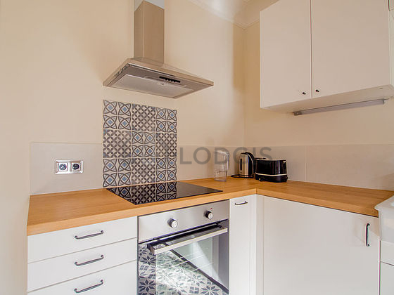 Kitchen equipped with washing machine, refrigerator, extractor hood, crockery