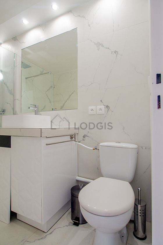 Bathroom equipped with washing machine, separate shower, towel drying radiator