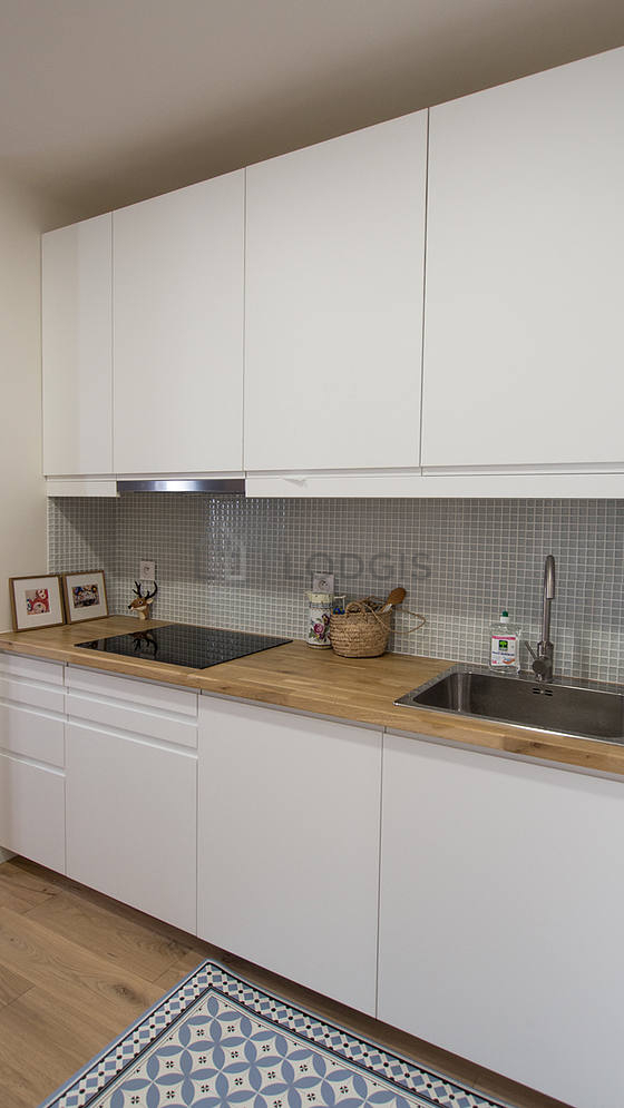 Kitchen equipped with washing machine, extractor hood, crockery