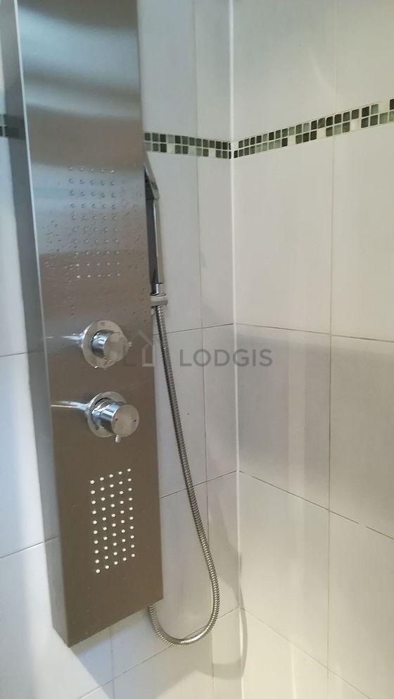 Bathroom equipped with washing machine, dryer, bath towels