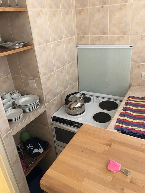Kitchen equipped with dishwasher, hob, refrigerator, crockery