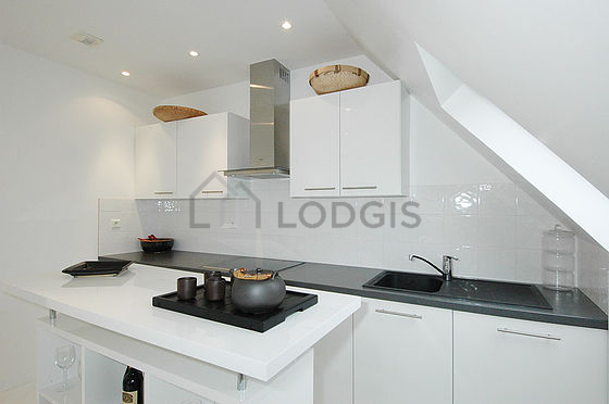 Kitchen equipped with washing machine, refrigerator, extractor hood, crockery