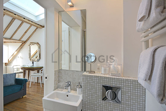 Pleasant and very bright bathroom with tile floor