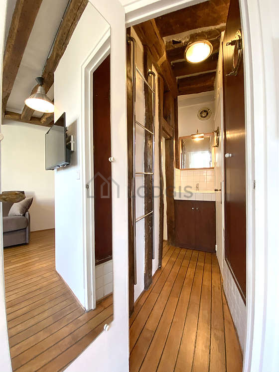 Salle de bain claire avec du parquet au sol