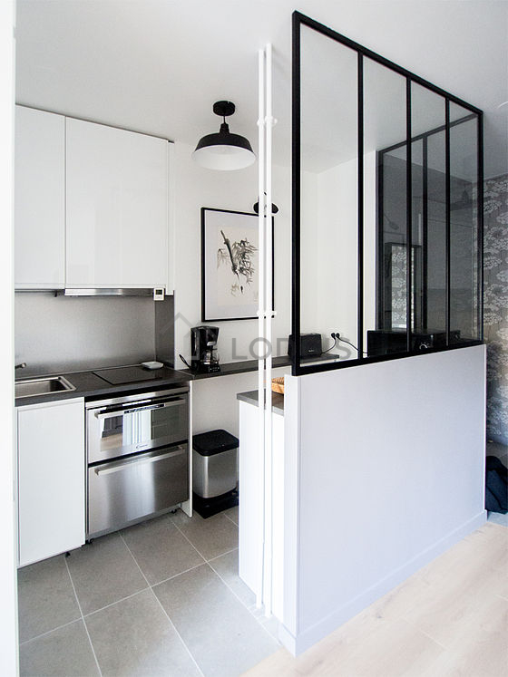 Kitchen equipped with dishwasher, hob, extractor hood, crockery