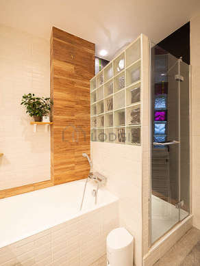 Bathroom equipped with bath tub, separate shower, towel drying radiator