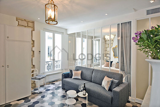 Living room with tile floor