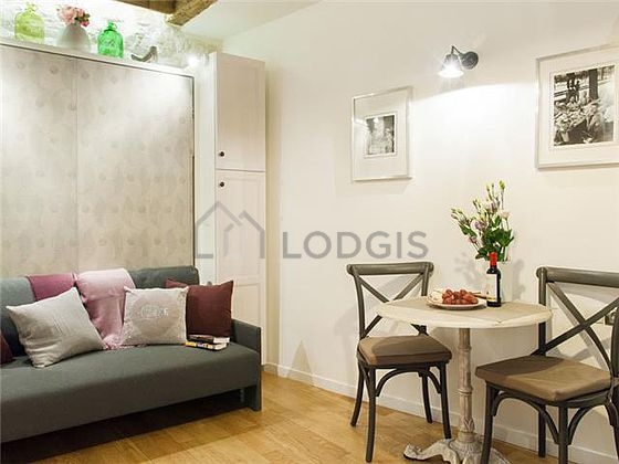 Living room furnished with 1 murphy bed(s) of 140cm, tv, closet, 1 chair(s)