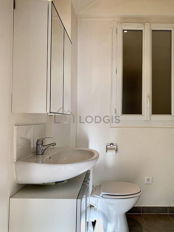 Pleasant and very bright bathroom with windows and with tile floor